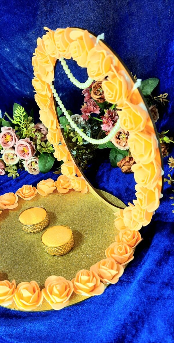 Floral Engagement Ring Platter – Golden Elegance Handcrafted Decorative Art with Faux Flowers and Beaded Embellishments - Image 2