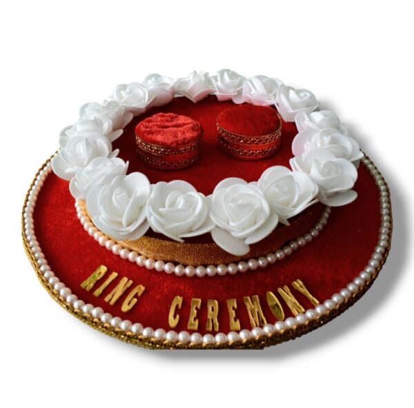 Handcrafted Velvet Floral Art with Pearl and Golden Embellishments Elegant Rose Ring Ceremony Tray