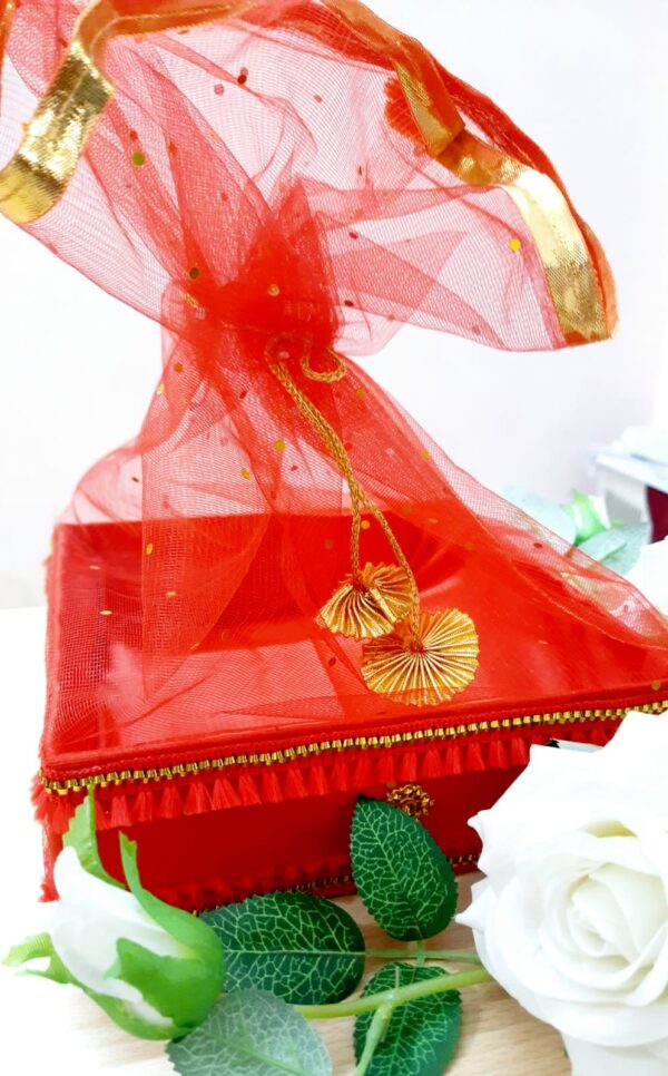 Decorative Gift Tray with Net Potli – Red & Gold Traditional Gift Packaging Box - Image 3