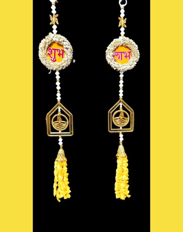 Shubh Labh Door Hanging Toran – Traditional Decorative Latkan (Yellow & Gold)