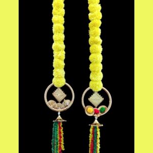Handmade Marigold Flower Toran with Ring & Tassel Bell Hangings (Set of 2)