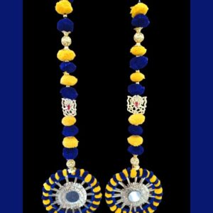 Royal Blue & Yellow Pom-Pom Latkan with Mirror Work (Set of 2)