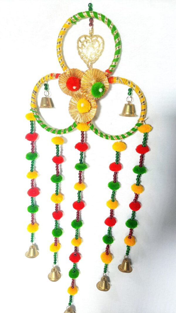 Traditional Wall Hanging with Pom-Poms and Bells – Decorative Toran for Home & Festive Use