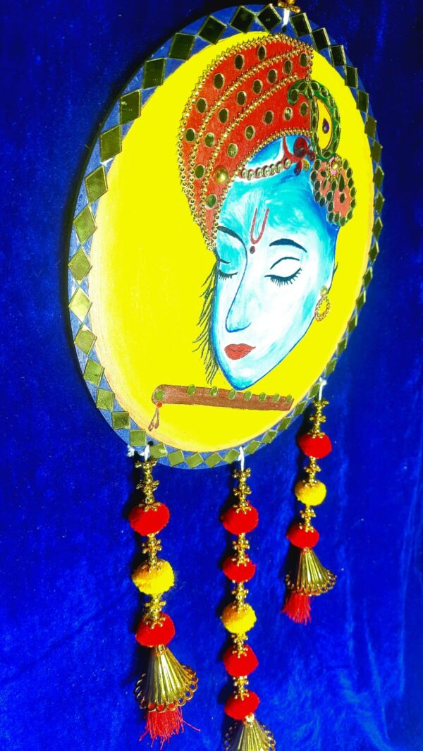Lord Krishna Wall Hanging – Decorative Art with Tassels and Beads - Image 3