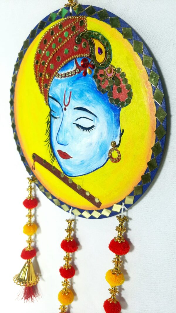 Lord Krishna Wall Hanging – Decorative Art with Tassels and Beads - Image 2