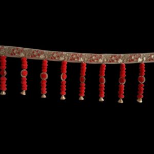 Embroidered Fabric Door Toran with Red Pom-Poms and Golden Bells