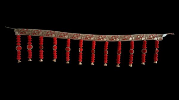 Embroidered Fabric Door Toran with Red Pom-Poms and Golden Bells