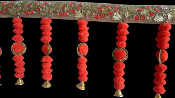 Embroidered Fabric Door Toran with Red Pom-Poms and Golden Bells - Image 2