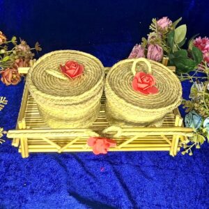 "Blossom Basket Duo – Handmade Jute Containers with Bamboo Tray"