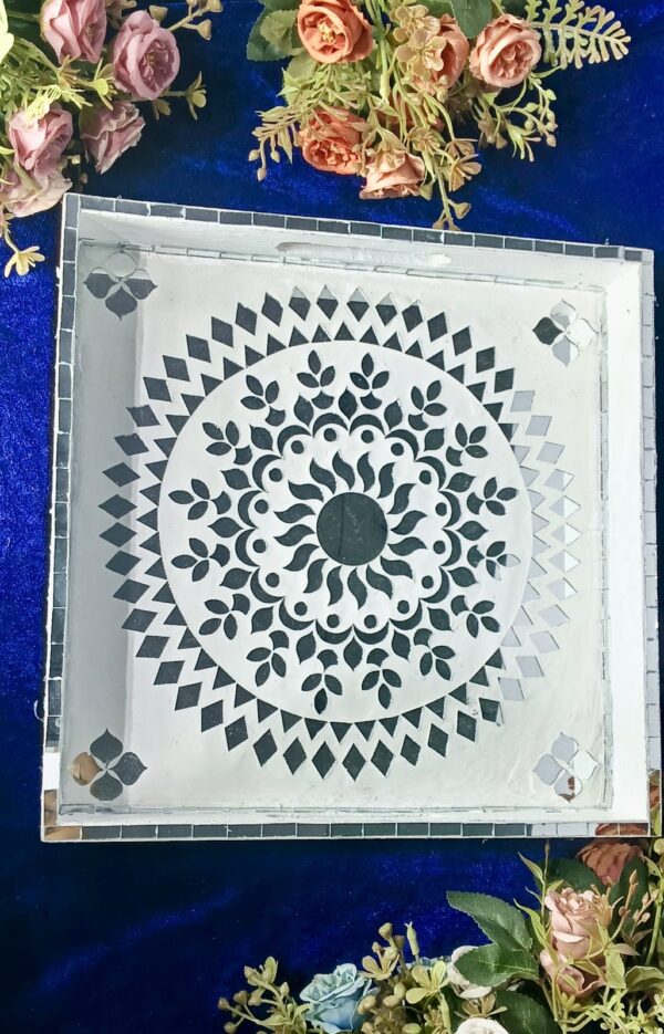 "Royal Mandala Mirror Tray – Handcrafted Decorative Serving Tray" - Image 3
