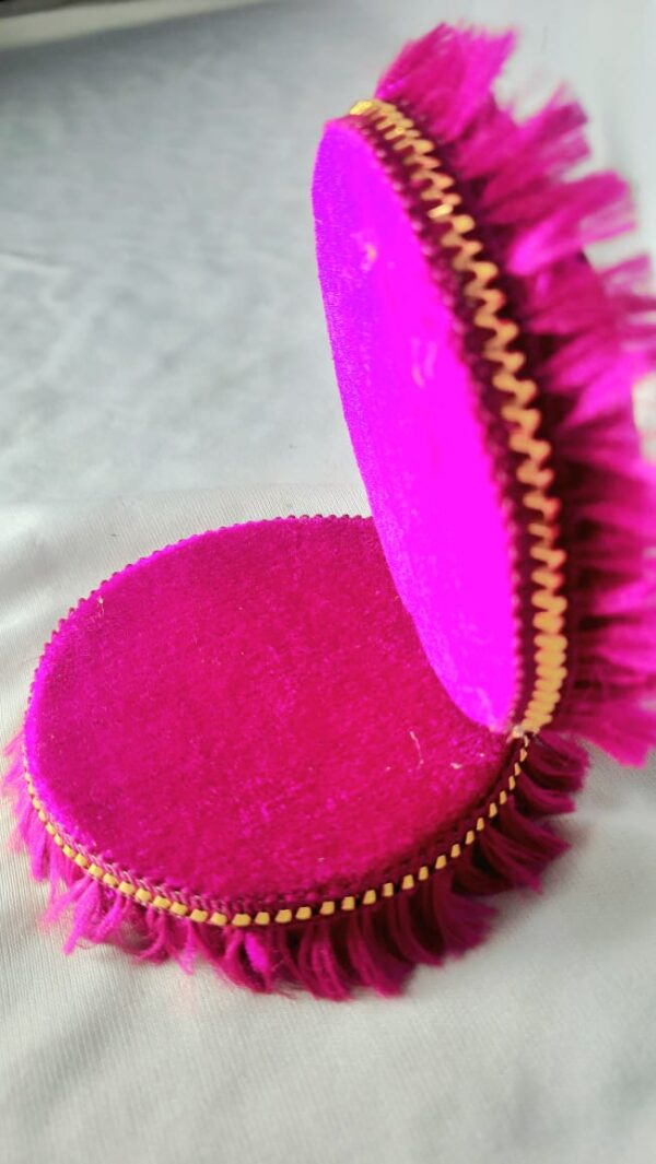 Velvet Pooja Aasan with Foldable Backrest (Magenta Pink Round Base) - Image 2