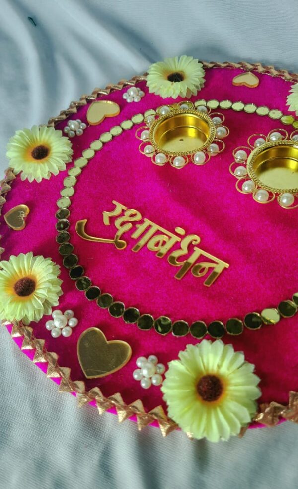 Decorative Raksha Bandhan Pooja Thali (Pink Velvet with Floral Design) - Image 3