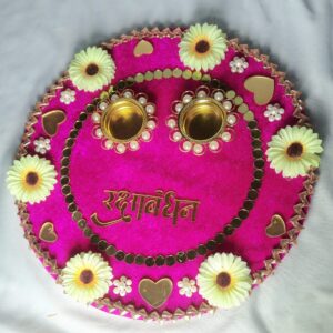Decorative Raksha Bandhan Pooja Thali (Pink Velvet with Floral Design)