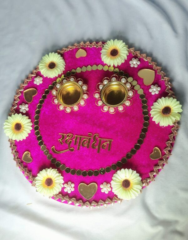 Decorative Raksha Bandhan Pooja Thali (Pink Velvet with Floral Design)