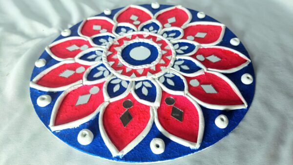 Decorative Rangoli Mat – Blue & Red Mandala Design - Image 2