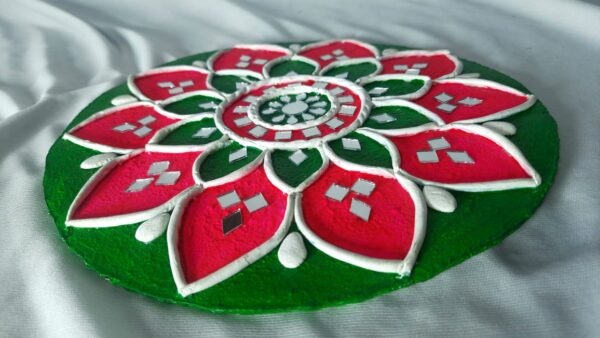 Decorative Rangoli Mat – Pink & Green Floral Mandala Design - Image 2