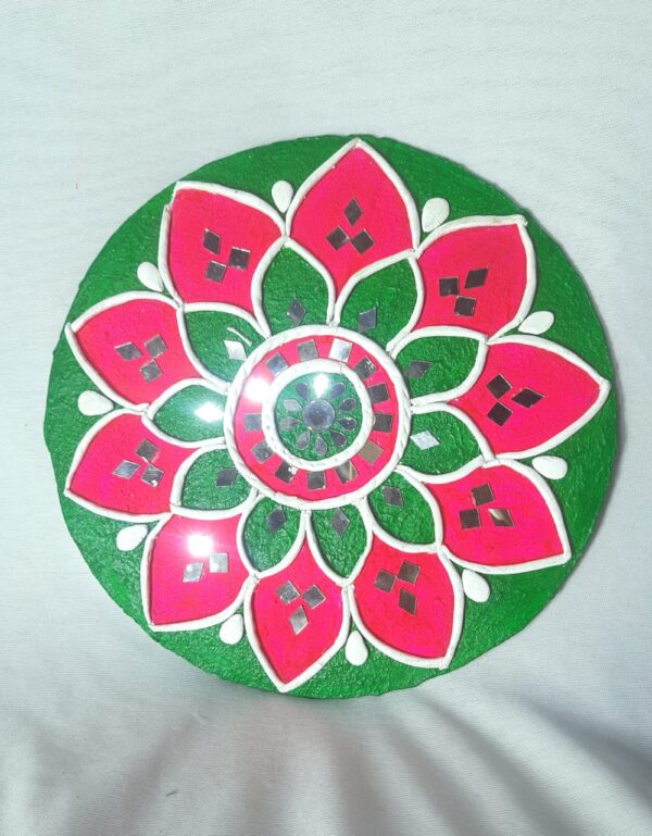 Decorative Rangoli Mat – Pink & Green Floral Mandala Design