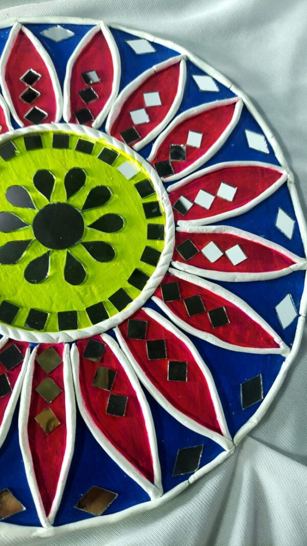 Decorative Rangoli Mat – Blue & Yellow Radiant Mandala Design - Image 2