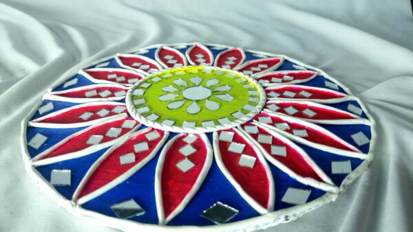 Decorative Rangoli Mat – Blue & Yellow Radiant Mandala Design - Image 3