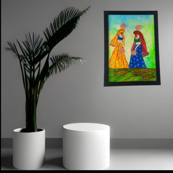 "Village Women with Pots" Hand-Painted Wall Art (Framed)