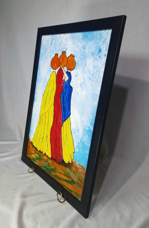 "Village Women with Pots" Hand-Painted Wall Art (Framed) - Image 2