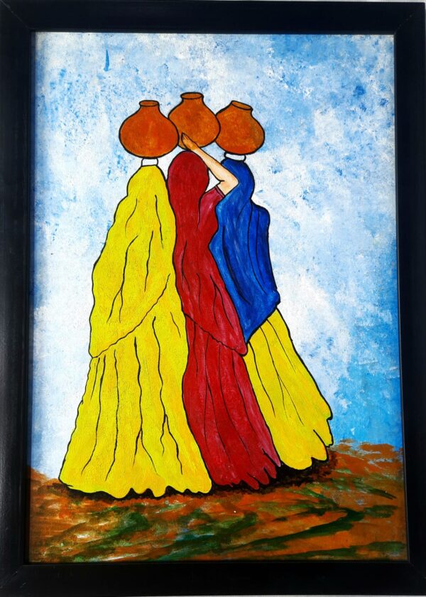 "Village Women with Pots" Hand-Painted Wall Art (Framed) - Image 3