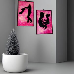 Father-Daughter Love  Wall Frame Set – Silhouette Art on Pink Textured Background (Set of 2)
