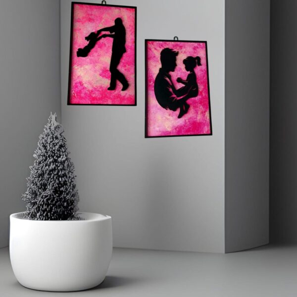 Father-Daughter Love  Wall Frame Set – Silhouette Art on Pink Textured Background (Set of 2)