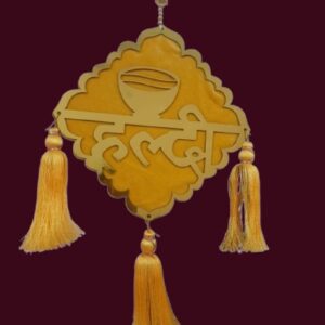 Scalloped Haldi Ceremony Hanging – Golden Acrylic with Tassels