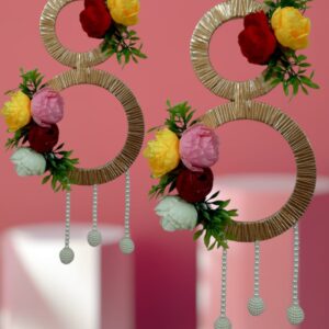 Triple Ring Floral Hanging Décor – Artificial Flowers & Bead Drops (Set of 2) pair