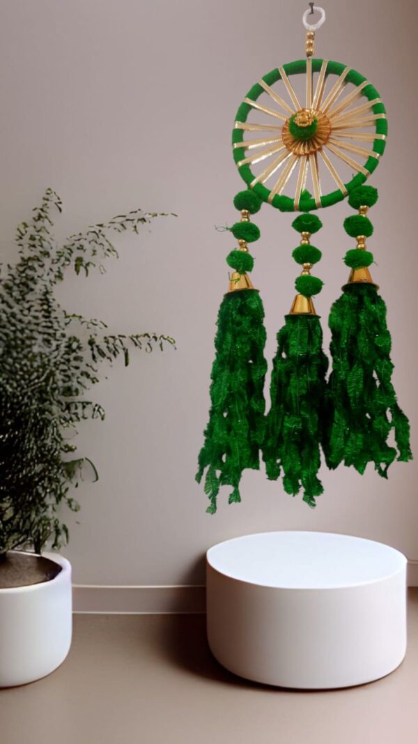Green Chakra Wheel Hanging with Pom-Pom Tassels