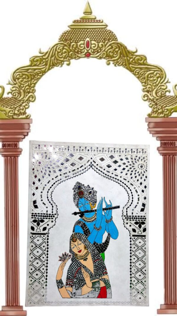 Handcrafted Mirror Art of Radha Krishna – Rajasthani Style Wall Panel - Image 2