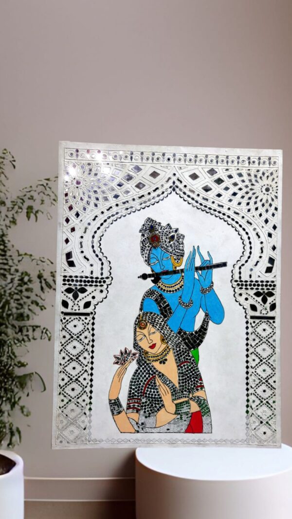Handcrafted Mirror Art of Radha Krishna – Rajasthani Style Wall Panel