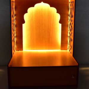 “Heartily Shree Wooden Pooja Stand – Compact, Elegant & LED-Lit Temple for Home & Office(H-14, L-7, W -10 Inch)