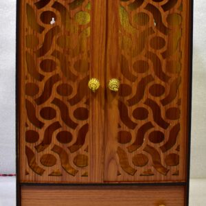 “Elegant Wooden Laser-Cut Pooja Mandir with LED Lights & Drawer – Perfect for Home & Office Decor” (H-16, L-9, W-12 Inch)