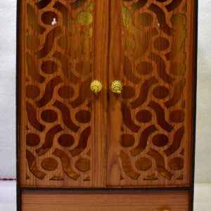 “Elegant Wooden Laser-Cut Pooja Mandir with LED Lights & Drawer – Perfect for Home & Office Decor” (H-16, L-9, W-12 Inch)