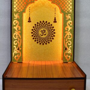 “Heartily Shree Wooden Pooja Stand – Compact, Elegant & LED-Lit Temple for Home & Office(H-14, L-8, W -10 Inch)