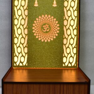 “Graceful Wooden Pooja Mandir with Intricate Laser Design & LED Lights – Ideal for Home and Office Spaces” (H-14, L-8, W-10 Inch)