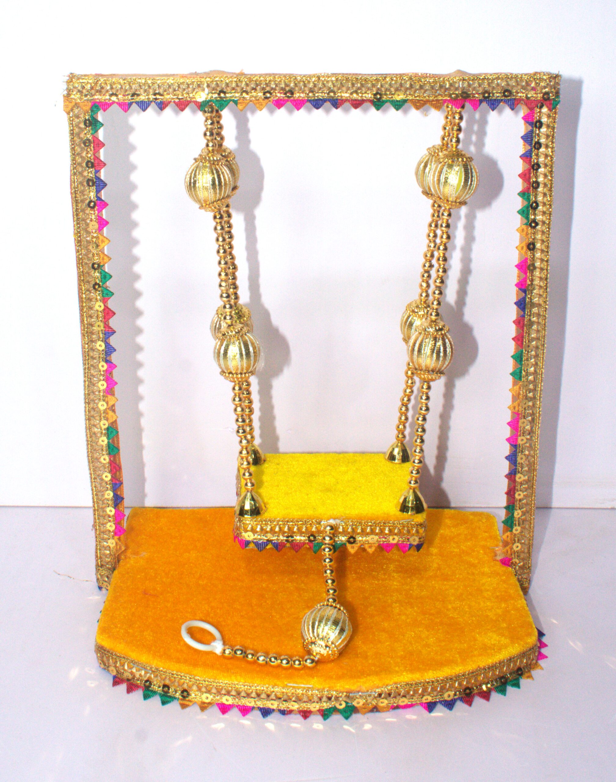 Luxury Yellow Velvet Laddu Gopal Jhula – Handcrafted Divine Swing | Shikha Art Craft