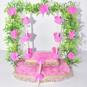 Luxury Pink Floral Laddu Gopal Jhula – Elegant Pearl Swing for Kanha