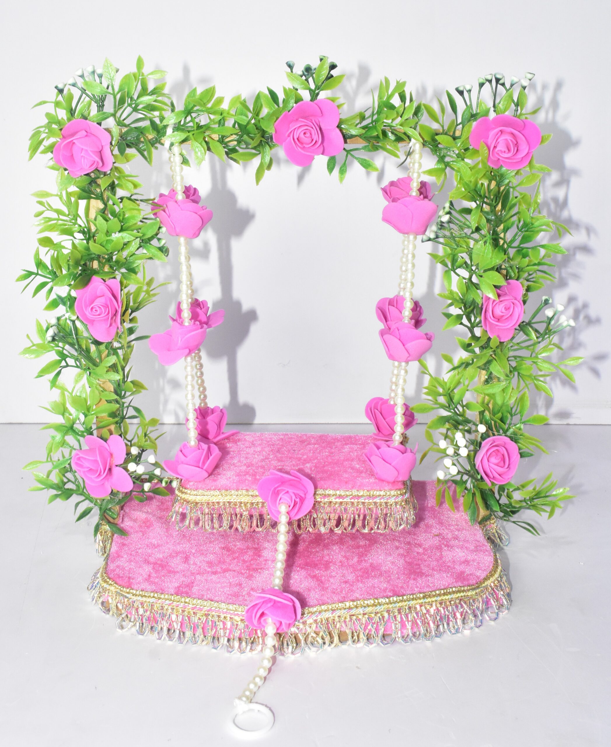 Luxury Pink Floral Laddu Gopal Jhula – Elegant Pearl Swing for Kanha