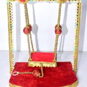 Royal Red Velvet Laddu Gopal Jhula – Premium Golden Swing for Divine Worship