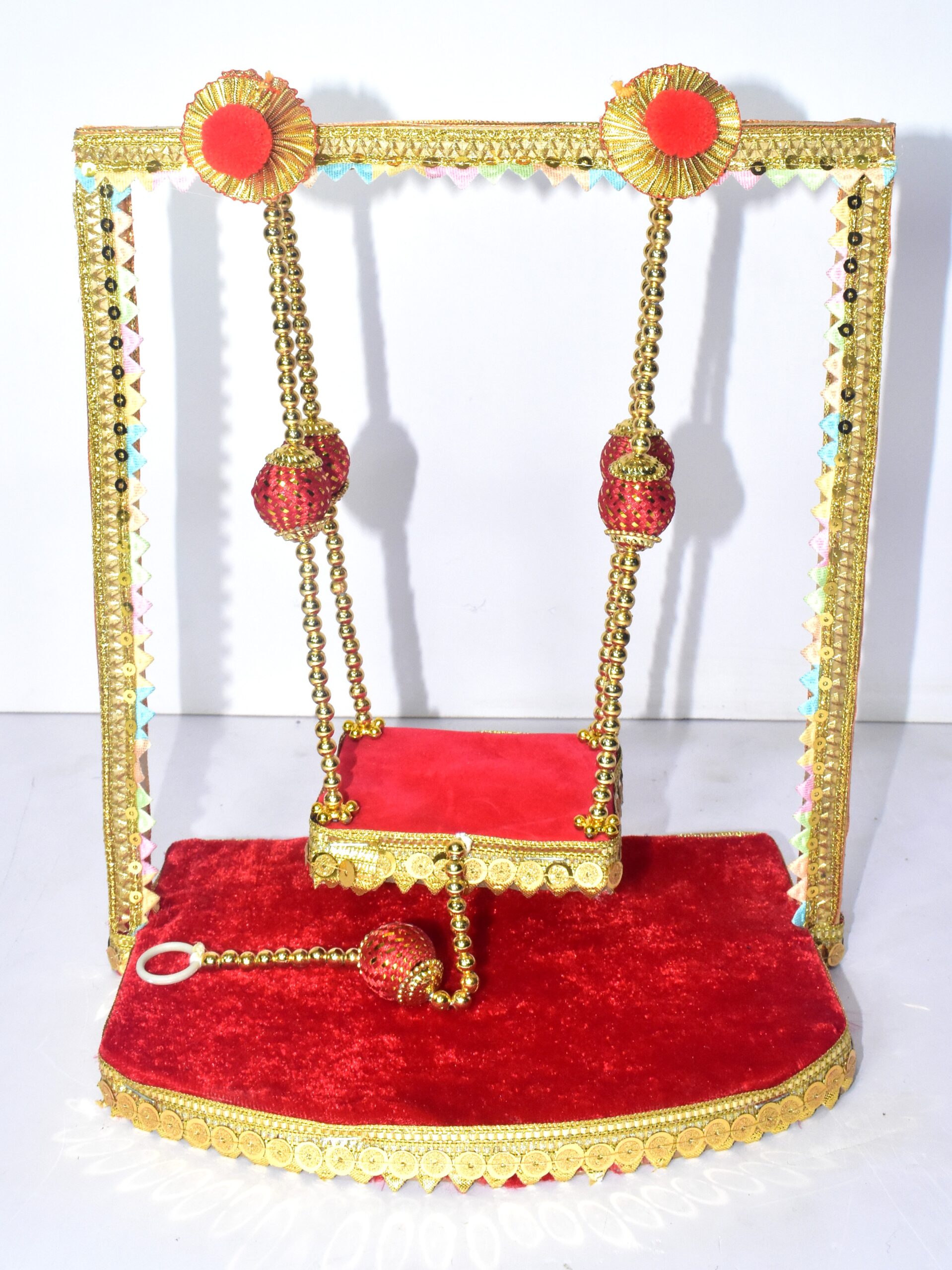 Royal Red Velvet Laddu Gopal Jhula – Premium Golden Swing for Divine Worship