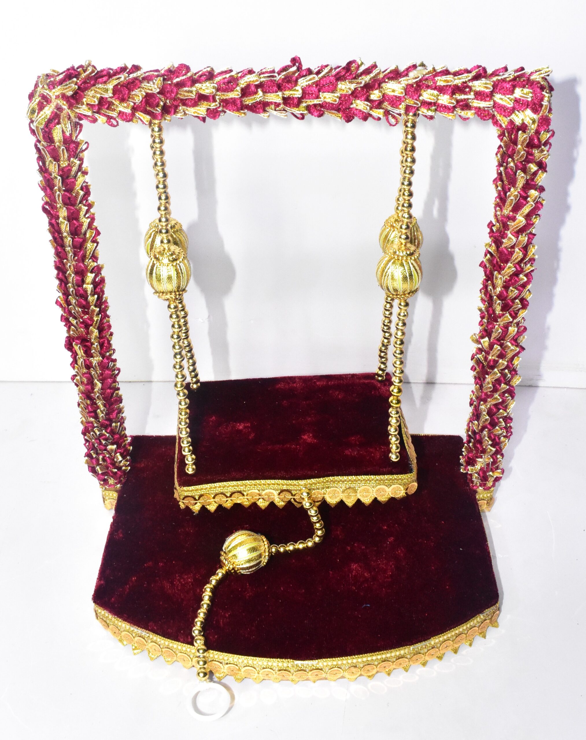 Royal Maroon Laddu Gopal Jhula – Premium Velvet Swing with Golden Elegance