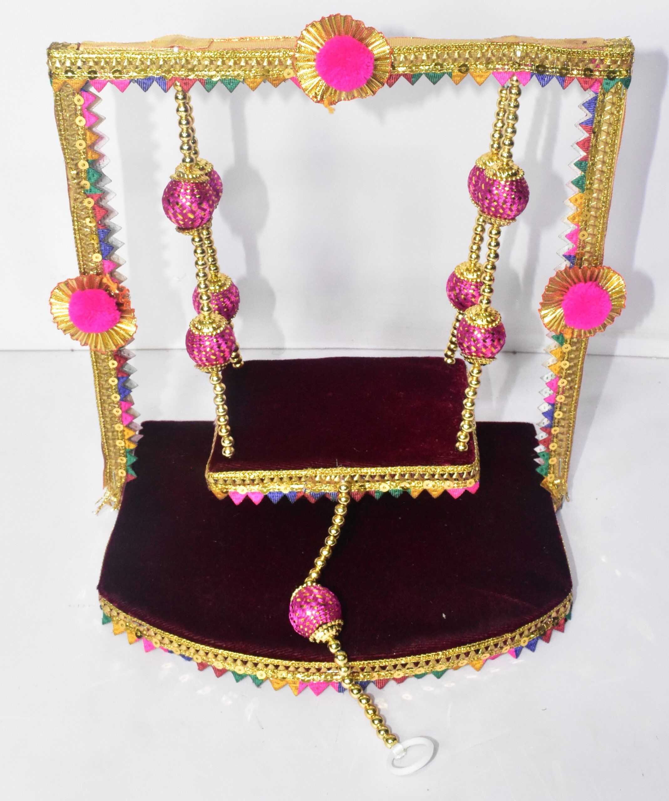 Elegant Maroon Laddu Gopal Jhula – Premium Velvet Swing with Golden Bead Design