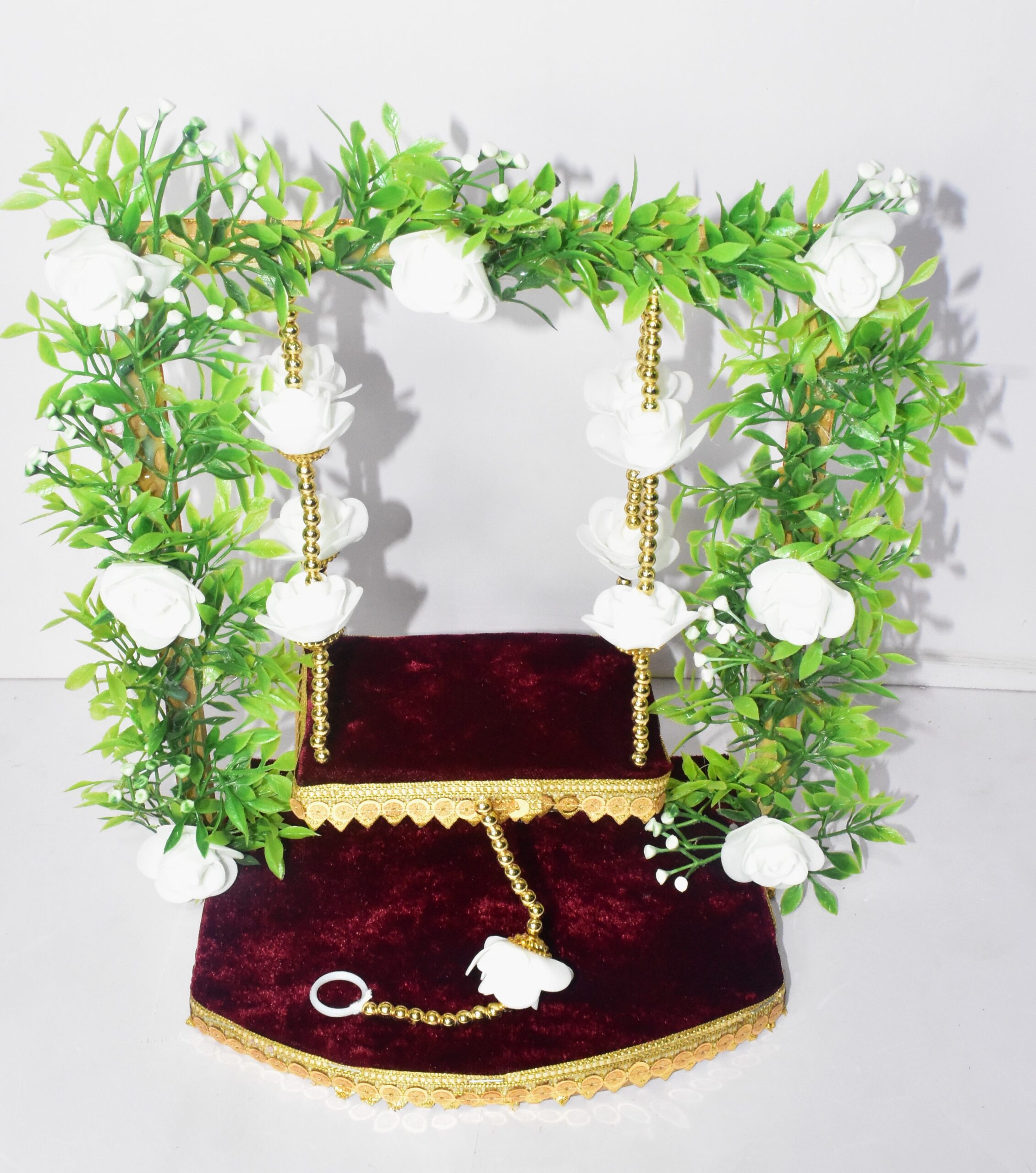 Elegant White Floral Laddu Gopal Jhula – Premium Velvet Swing for Divine Grace
