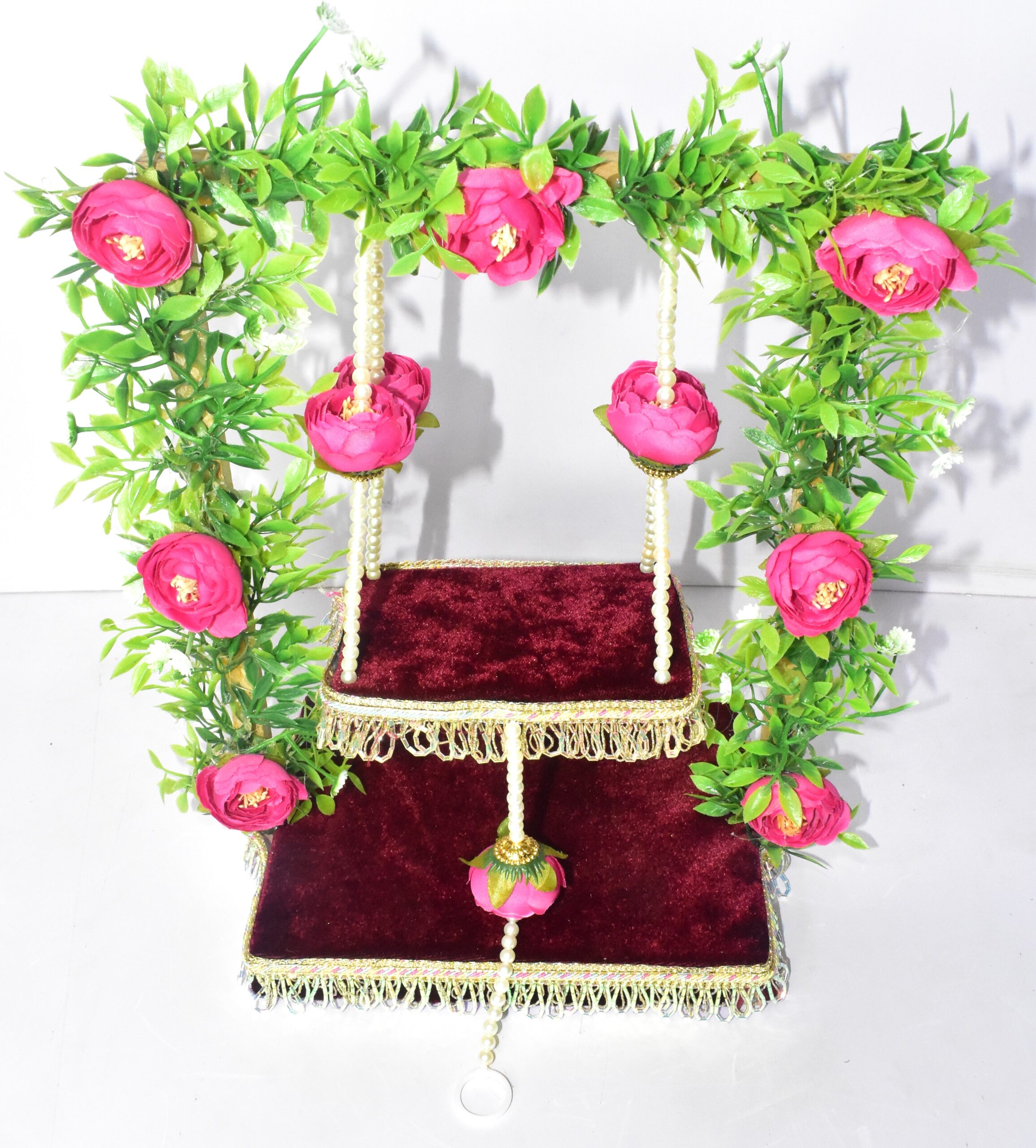 Luxury Pink Floral Laddu Gopal Jhula – Elegant Pearl Swing for Divine Décor