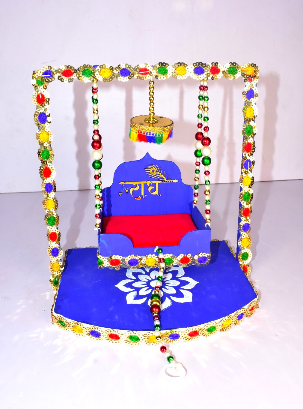 Handcrafted Radha Krishna Jhula for Janmashtami | Decorative Laddu Gopal Swing with Colorful Beads & Premium Finish