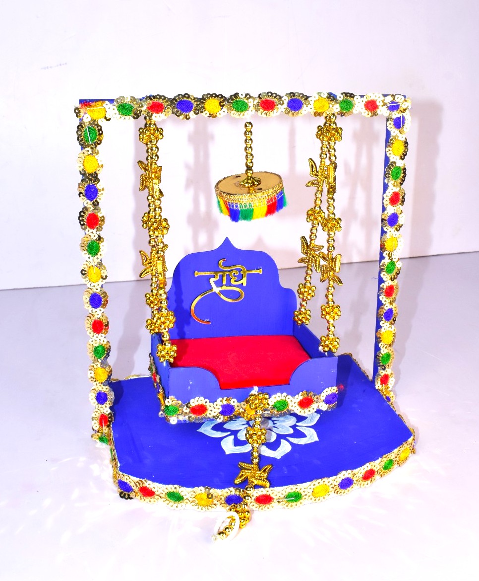Luxury Handcrafted Radha Krishna Jhula for Laddu Gopal | Decorative Golden Beads & Multicolor Stone Swing for Janmashtami