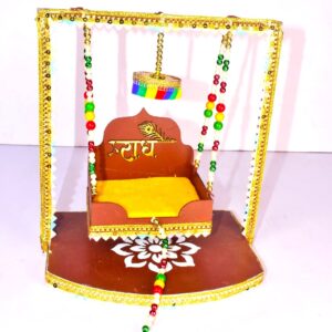 Elegant Wooden Radha Krishna Jhula for Laddu Gopal | Handcrafted Janmashtami Swing with Golden Border & Colorful Beads